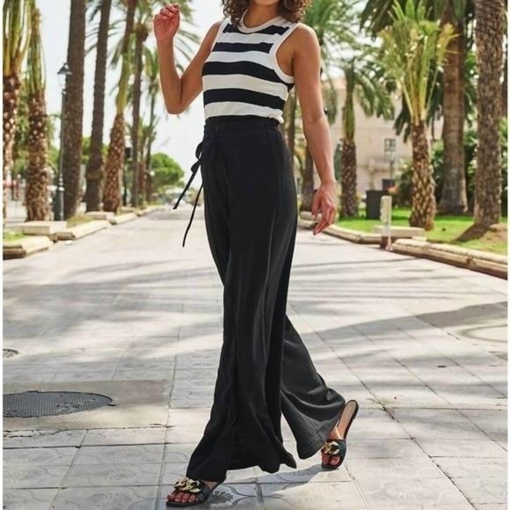 NWT Esqualo Overlap Wide‎ Crinkle Trousers Black Drawstring Waist Size 14